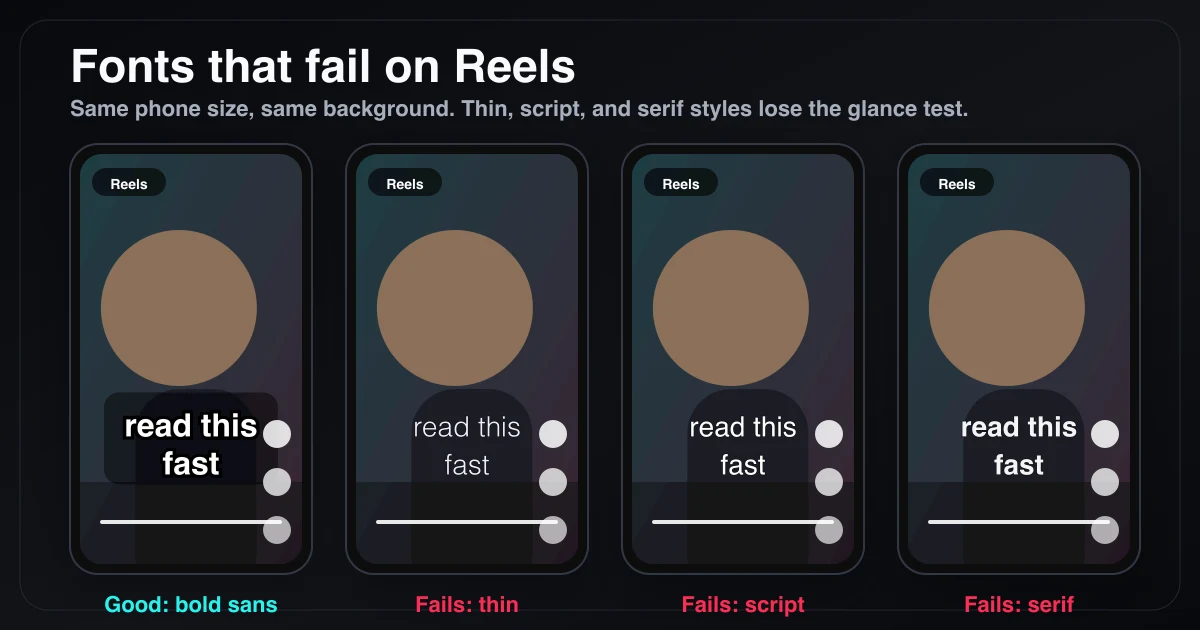 Instagram Reels caption comparison showing bold sans-serif text versus thin, script, and serif fonts that are harder to read