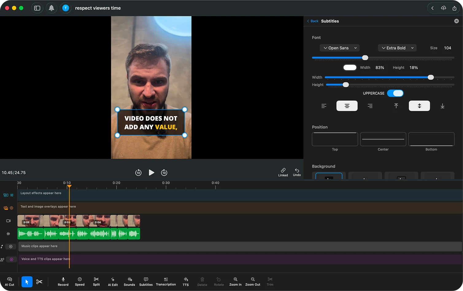 Open Sans Extra Bold caption style shown in the BlitzCut desktop editor for an Instagram Reels video