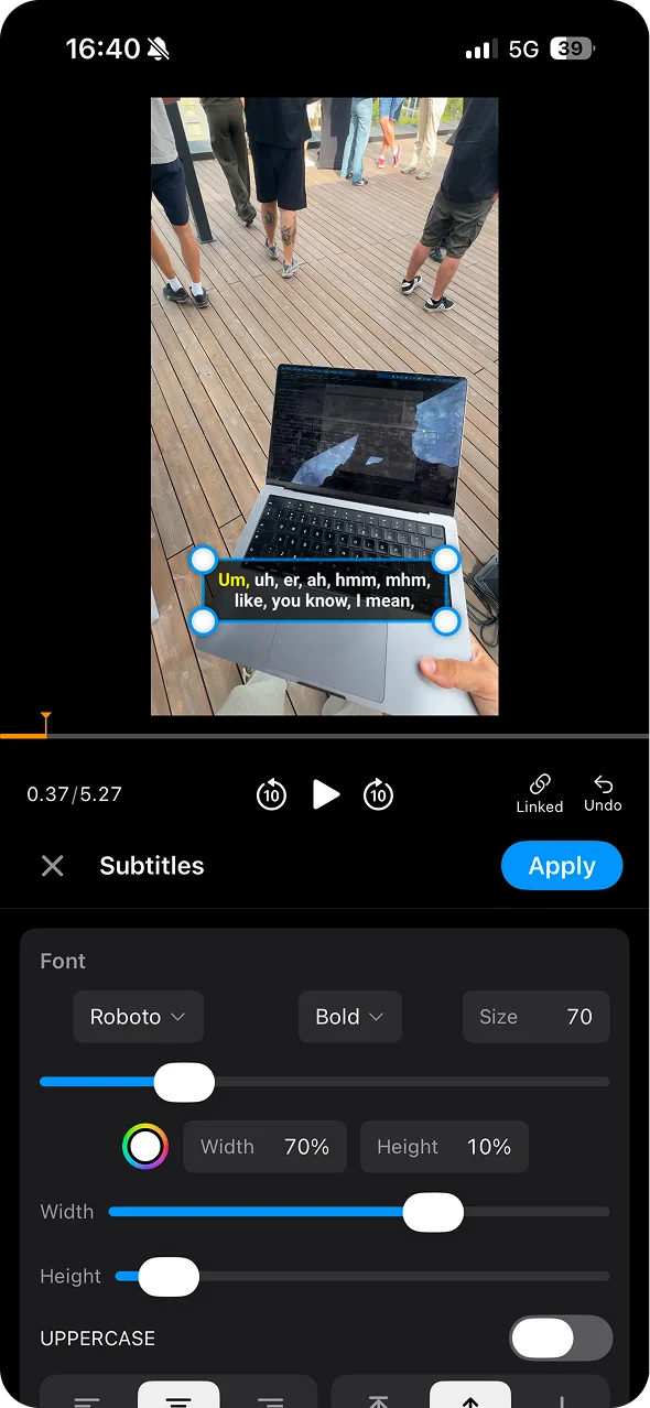 Roboto caption style previewed on a mobile screen in BlitzCut