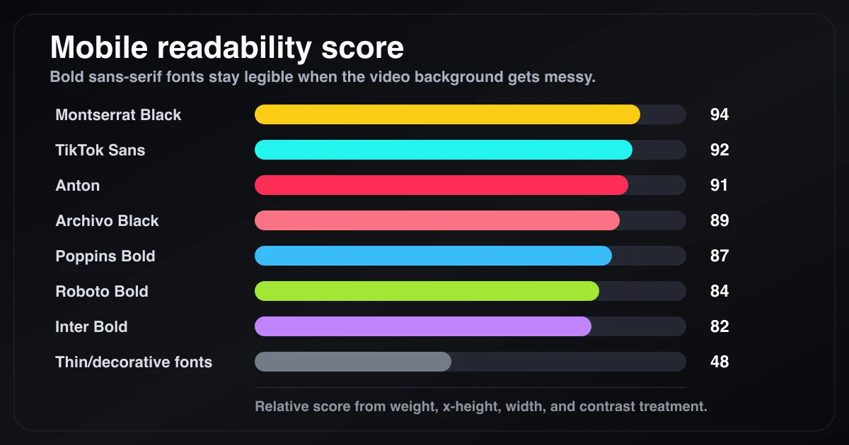 Mobile readability chart ranking TikTok caption fonts by relative legibility