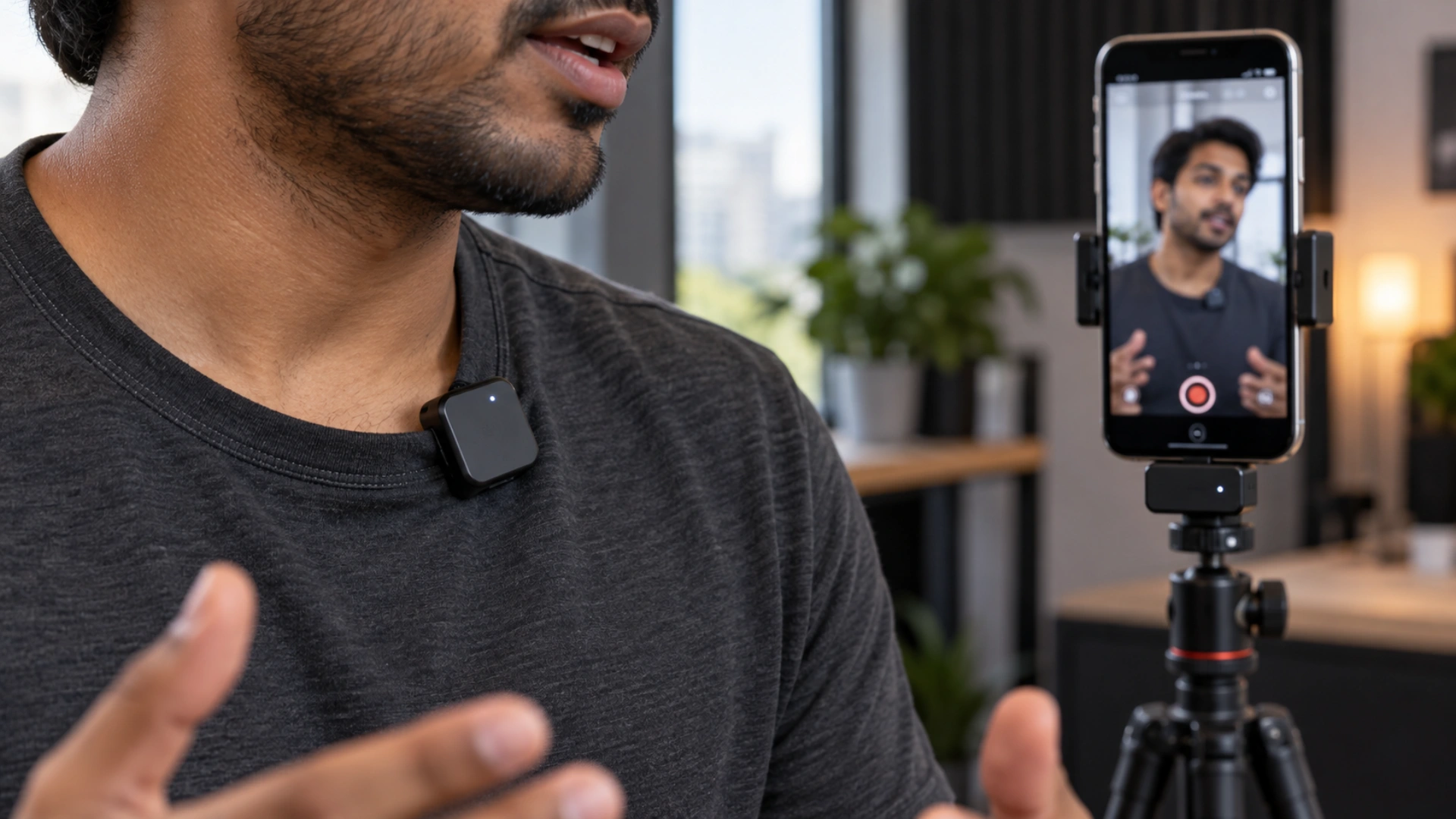 Ilustración de un receptor de micrófono USB-C conectado a un iPhone junto a un transmisor en la ropa