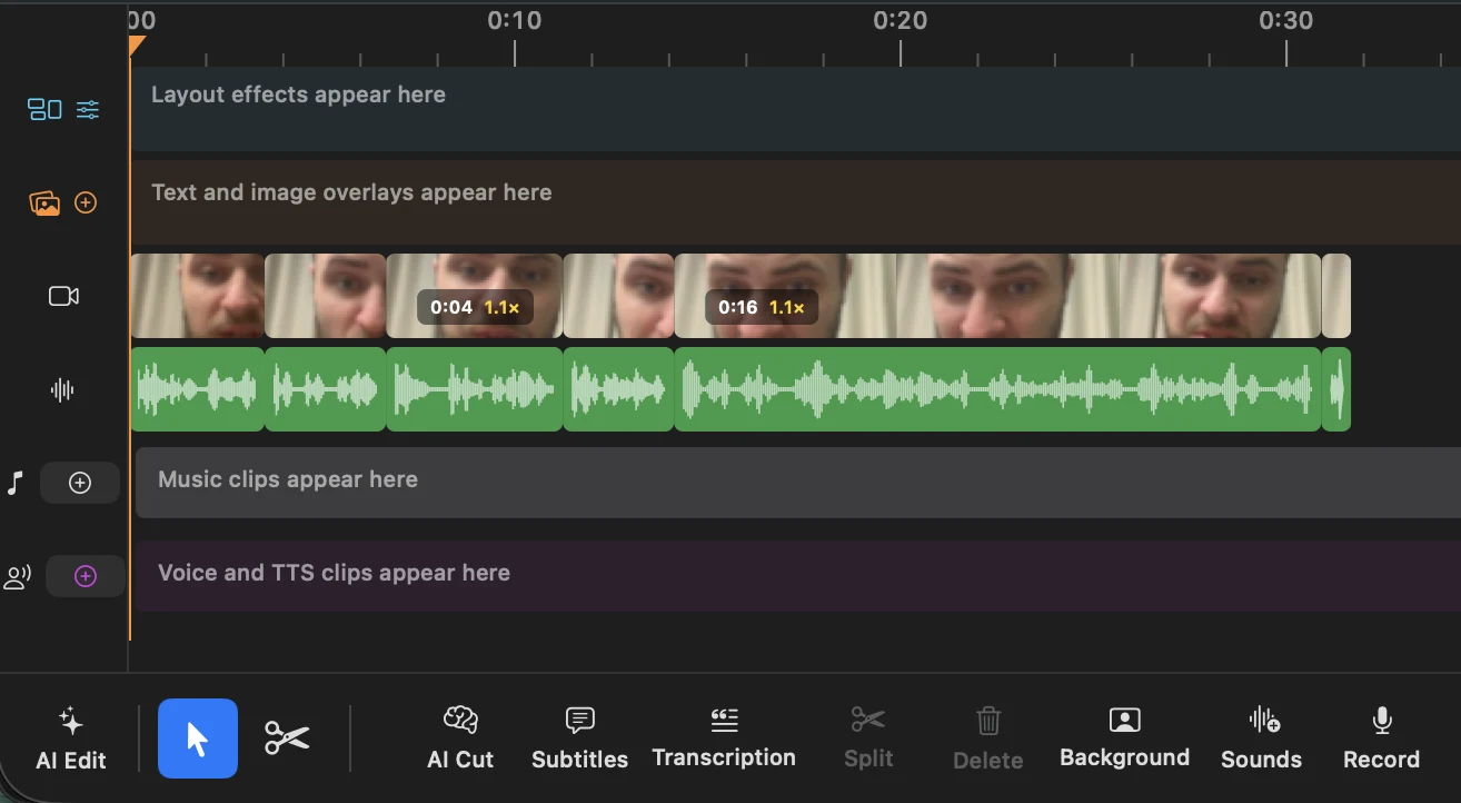 Actual BlitzCut Mac timeline showing adjacent video clips above green audio waveforms and separate overlay and audio lanes