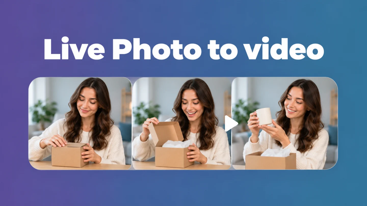 Editorial illustration of a woman opening a box and lifting a mug across three moments, with a video play symbol