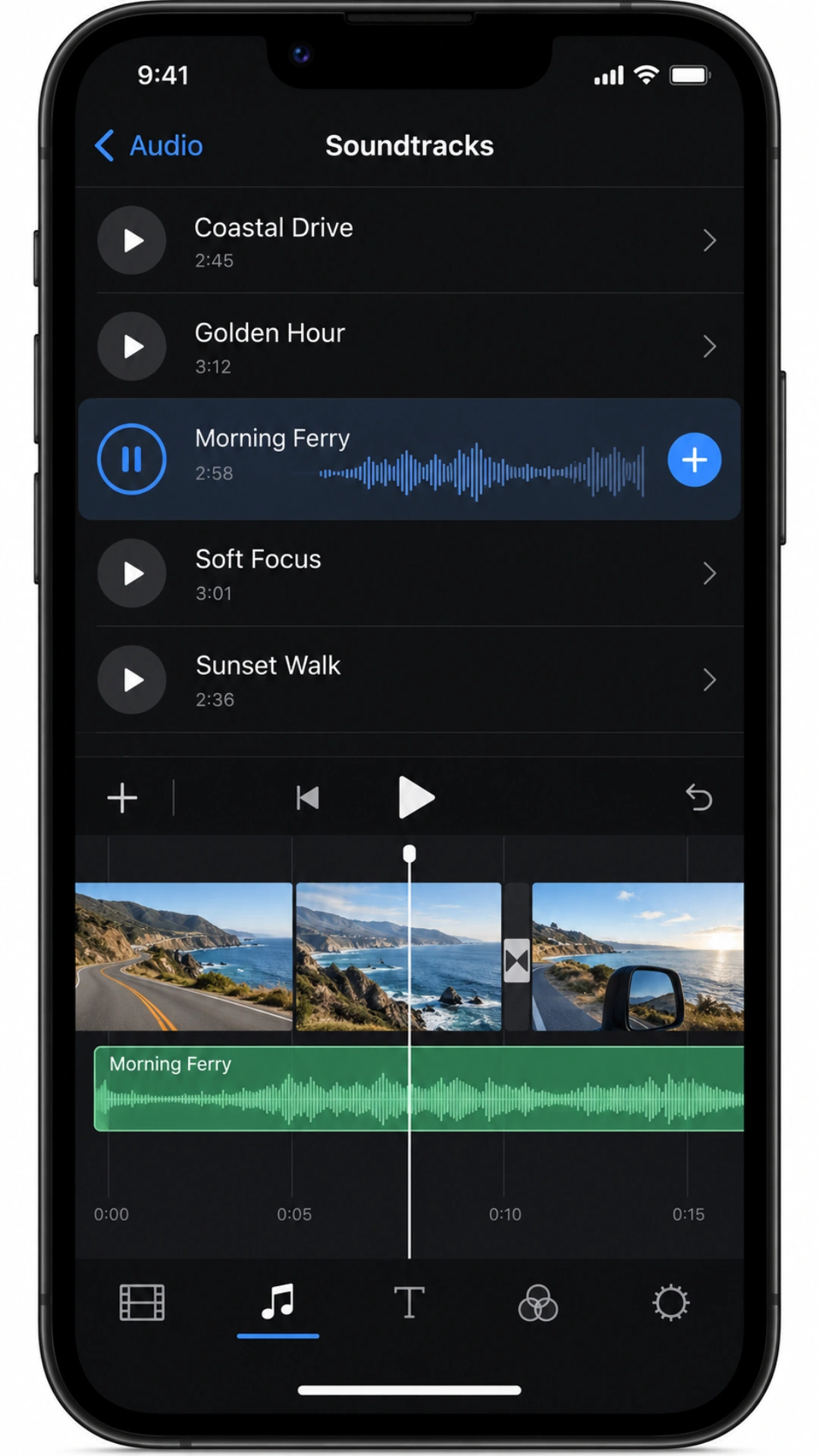 Illustrative iMovie for iPhone Soundtracks list with a sample track selected, an Add button, and green music on the timeline