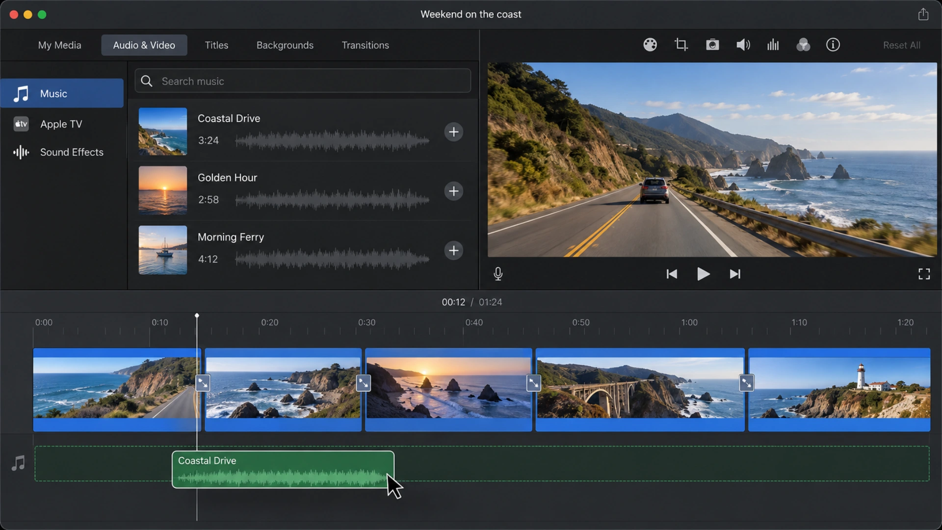Illustrative iMovie for Mac Audio and Video browser with a music clip being dragged into the green background music well