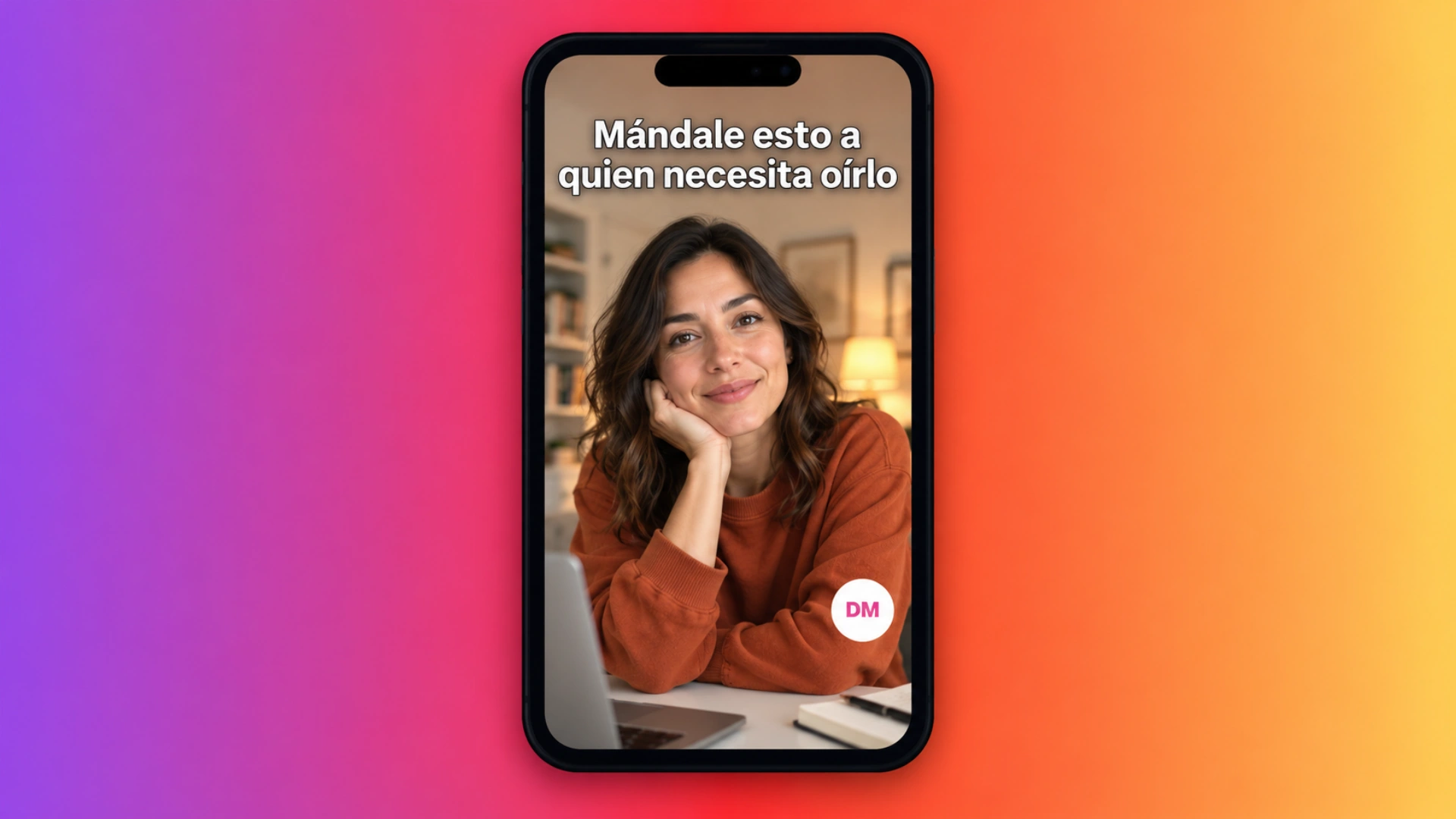 Teléfono ilustrativo con el gancho Mándale esto a quien necesita oírlo y un símbolo de mensaje directo