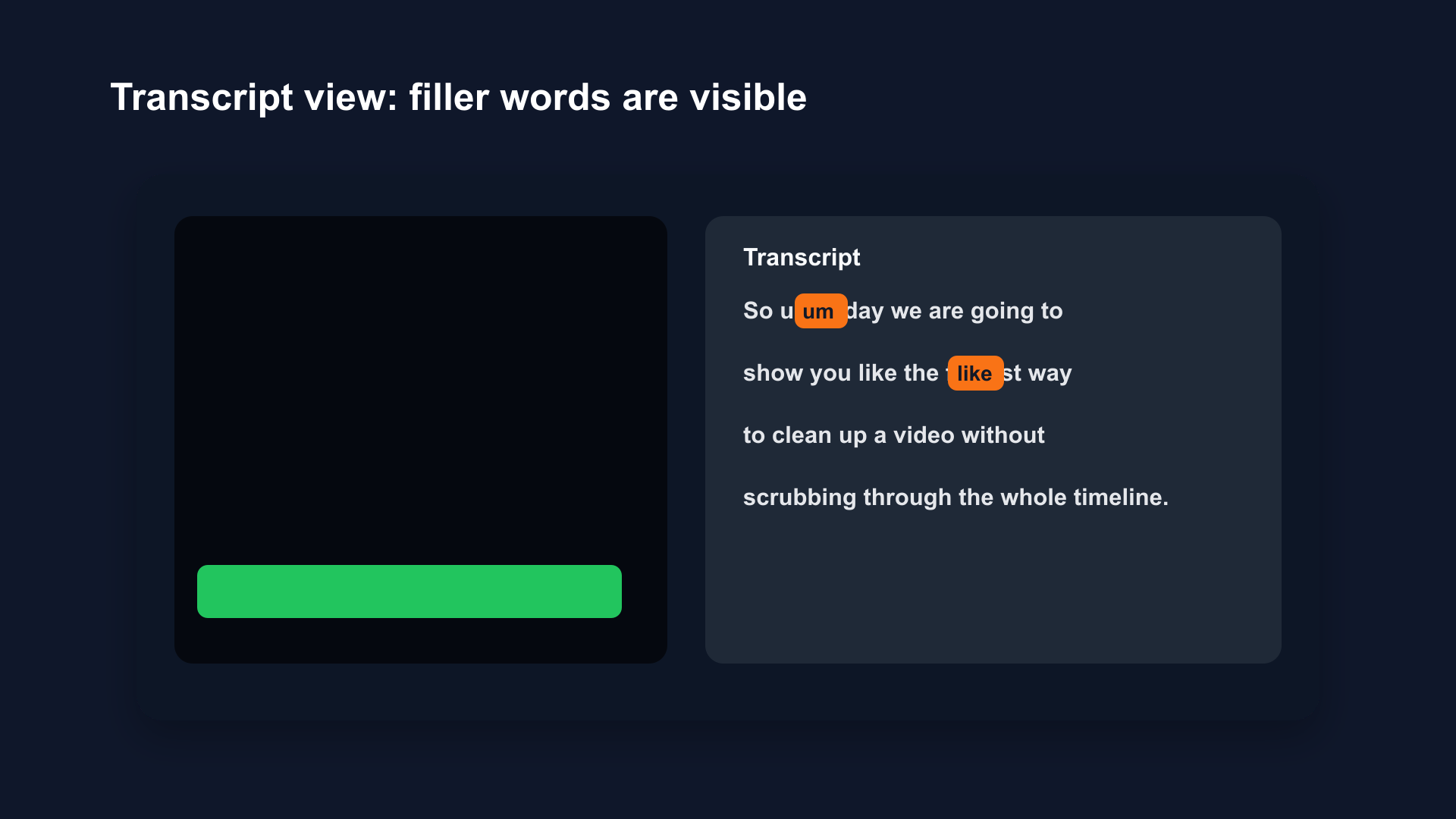 Illustrative transcript editing mockup showing filler words like um and like visible as plain text alongside normal speech
