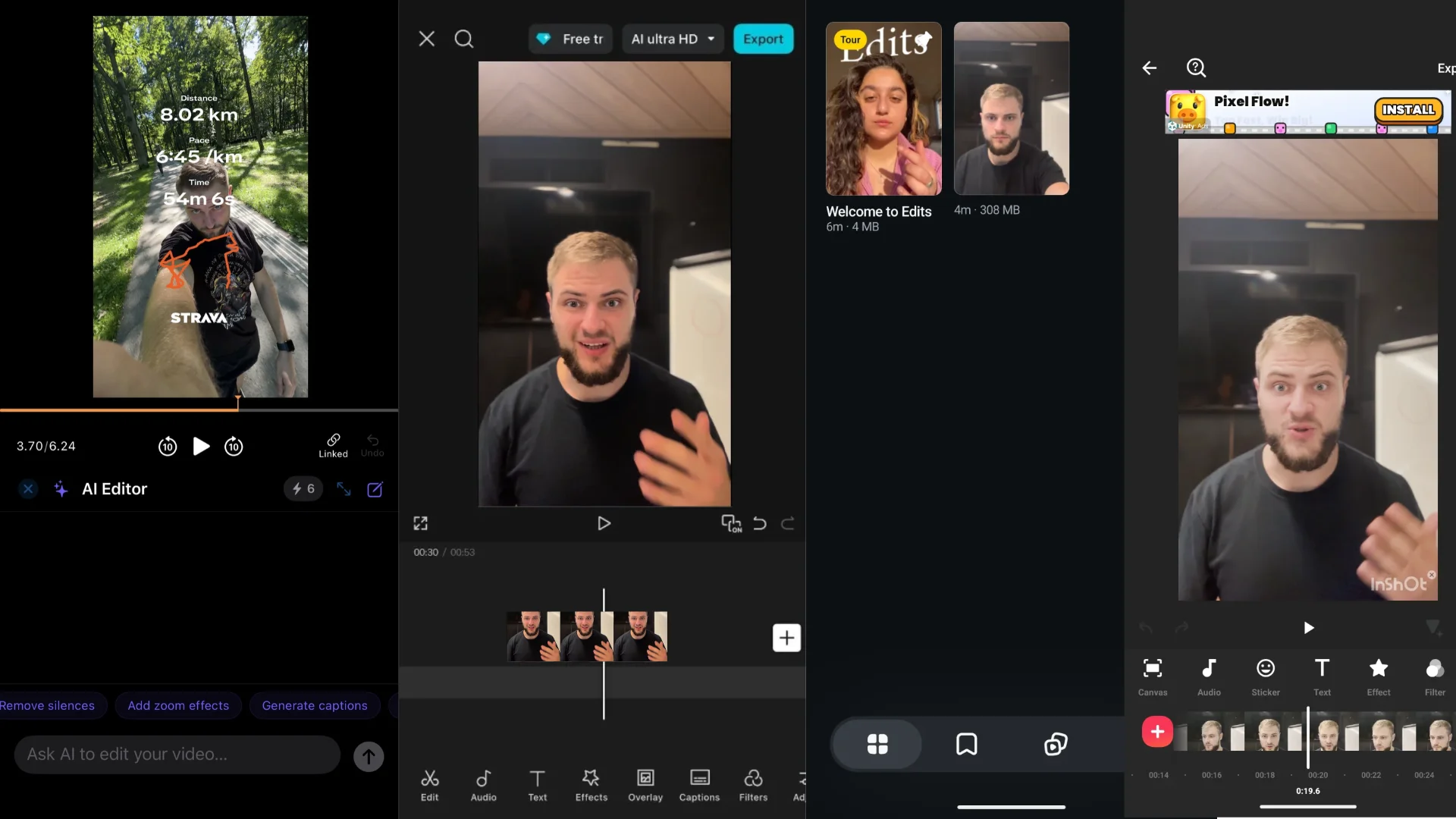 Four iPhone video editors side by side: BlitzCut's AI Editor with Remove silences, Add zoom effects, and Generate captions shortcuts; CapCut's editor; the Edits projects screen; and InShot's free editor with an ad banner and watermark