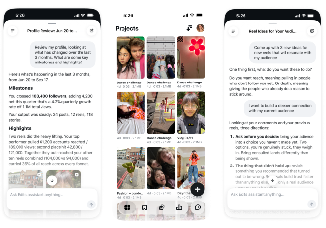 Three iPhone screens from Meta's Edits app: the AI assistant reviewing three months of profile performance, the Projects grid, and the assistant suggesting new Reel ideas