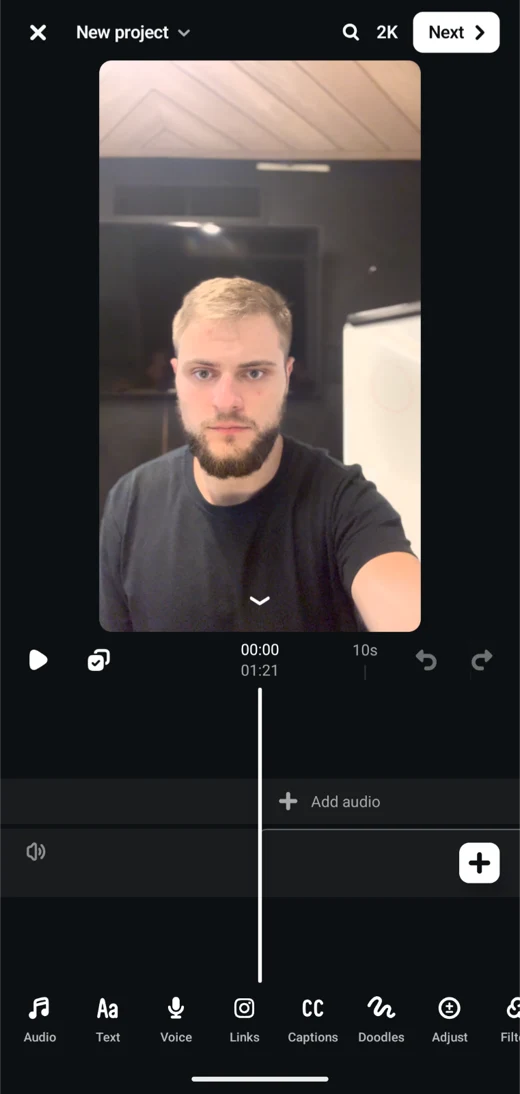 Meta's Edits app on iPhone with a talking-head clip and Audio, Text, Voice, Links, Captions, Doodles, and Adjust tools