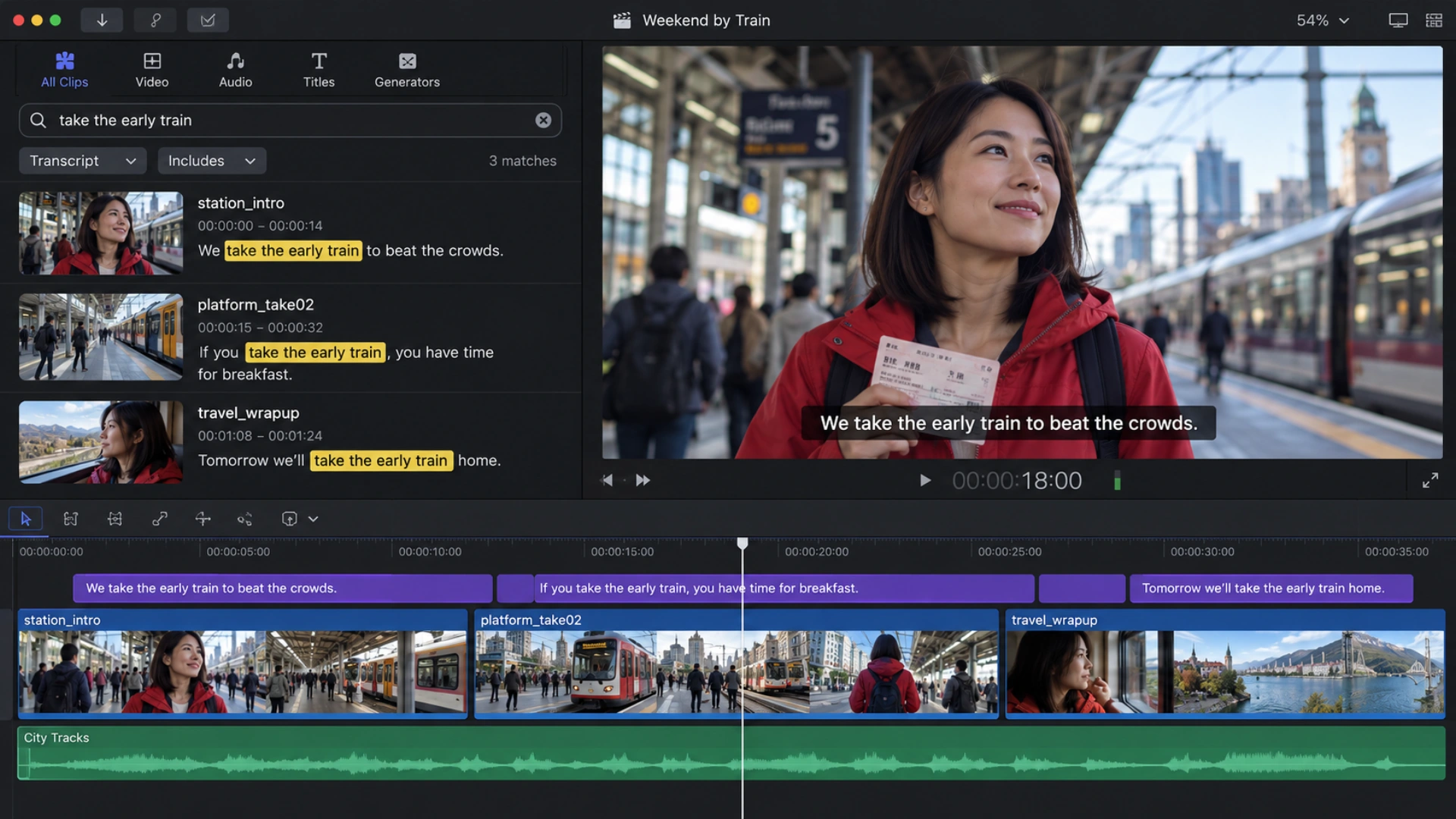 Maqueta de Final Cut Pro con búsqueda en transcripciones y pistas de subtítulos
