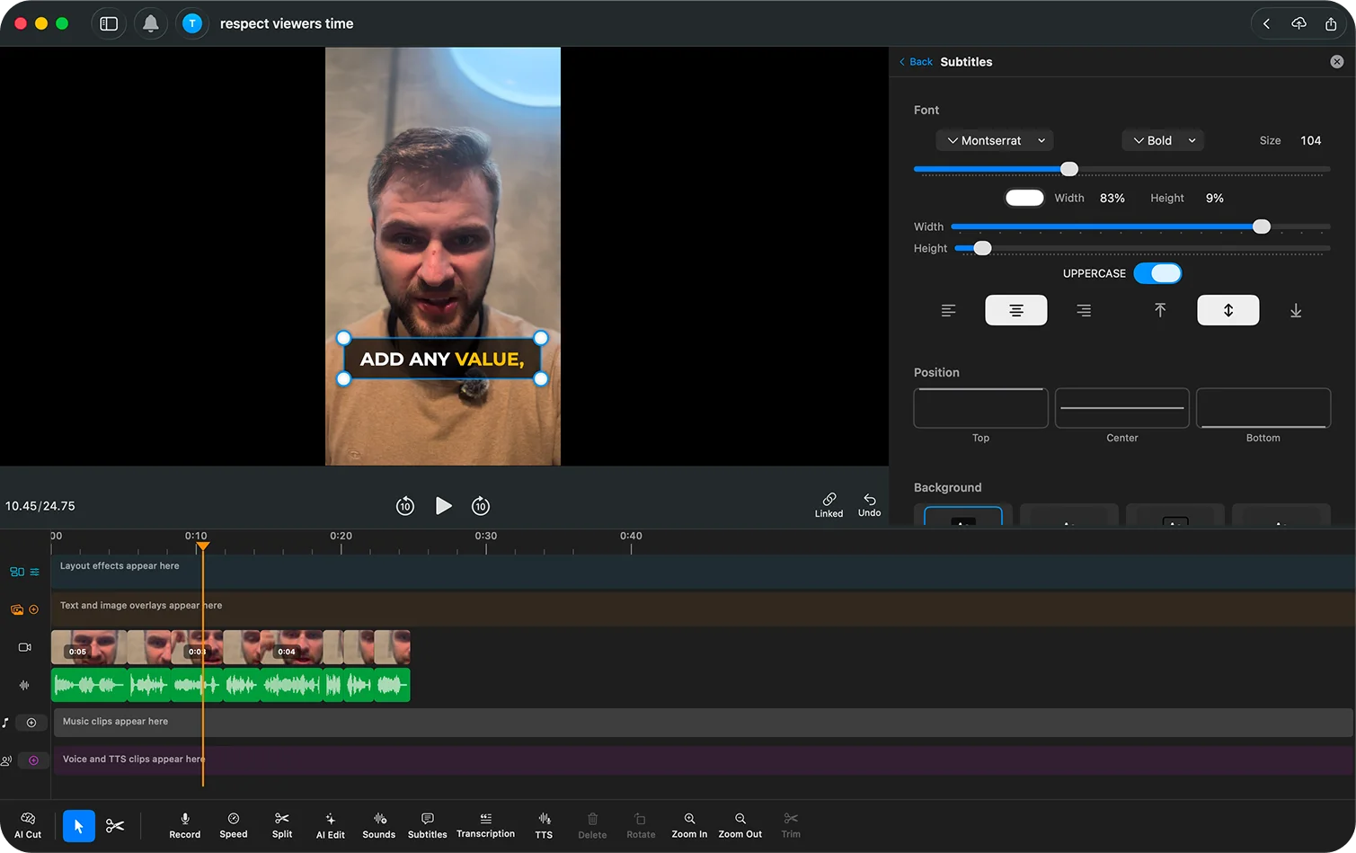 Montserrat Bold caption preset shown in the BlitzCut desktop editor
