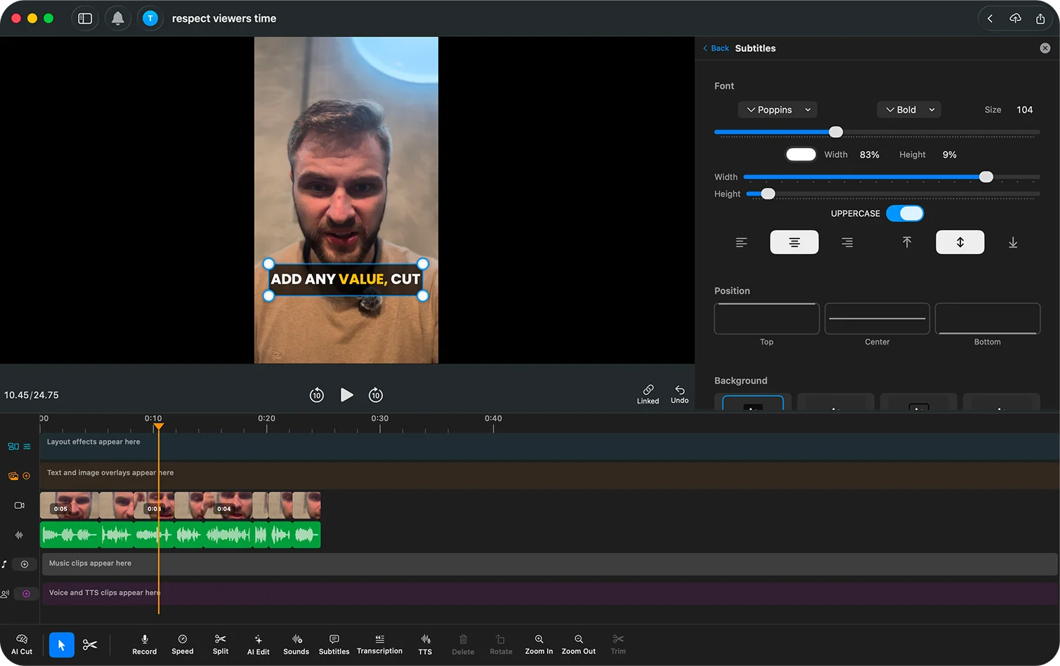 Poppins caption preset shown in the BlitzCut desktop editor