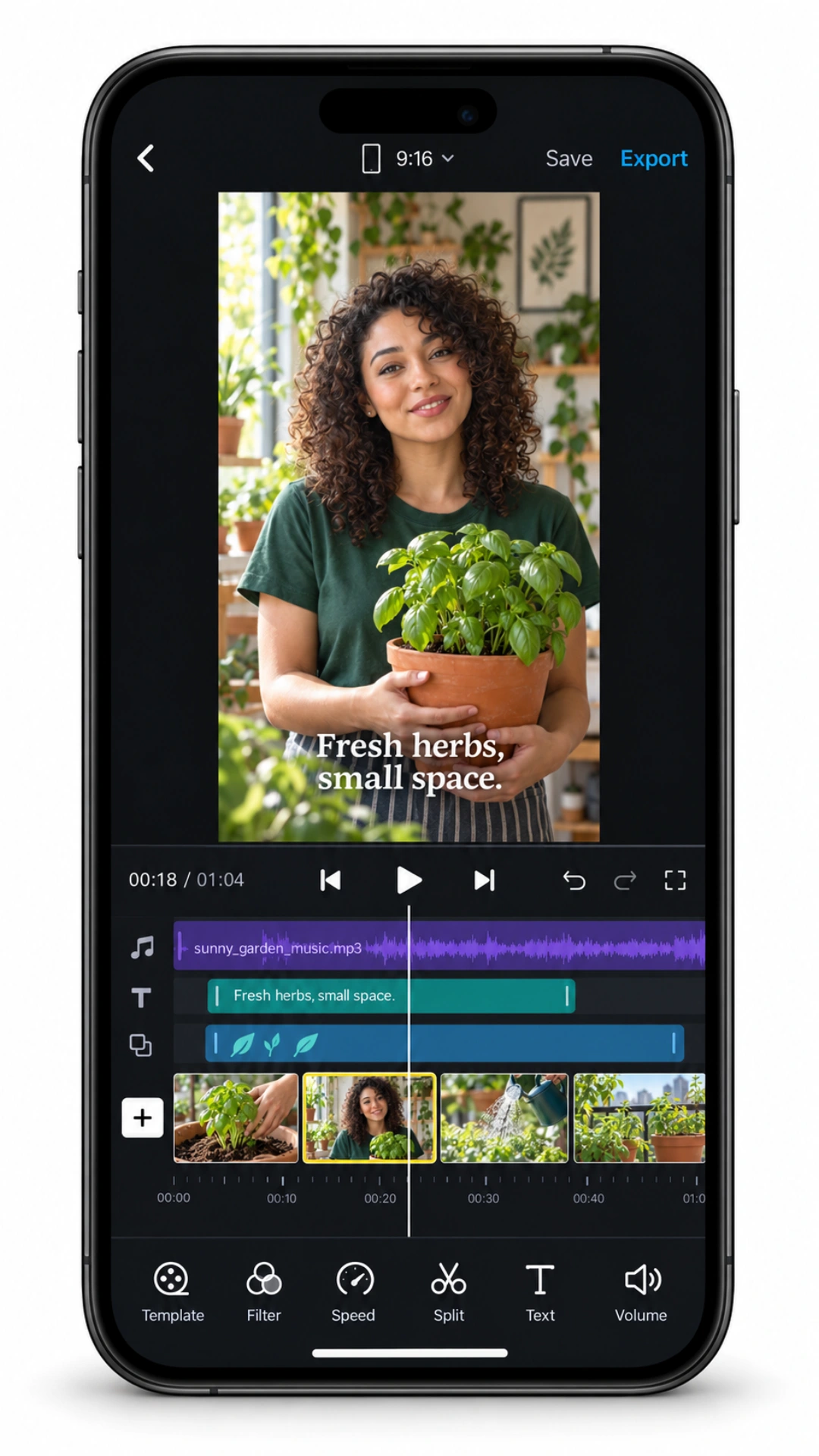VN Video Editor en iPhone con una línea de tiempo de varias pistas