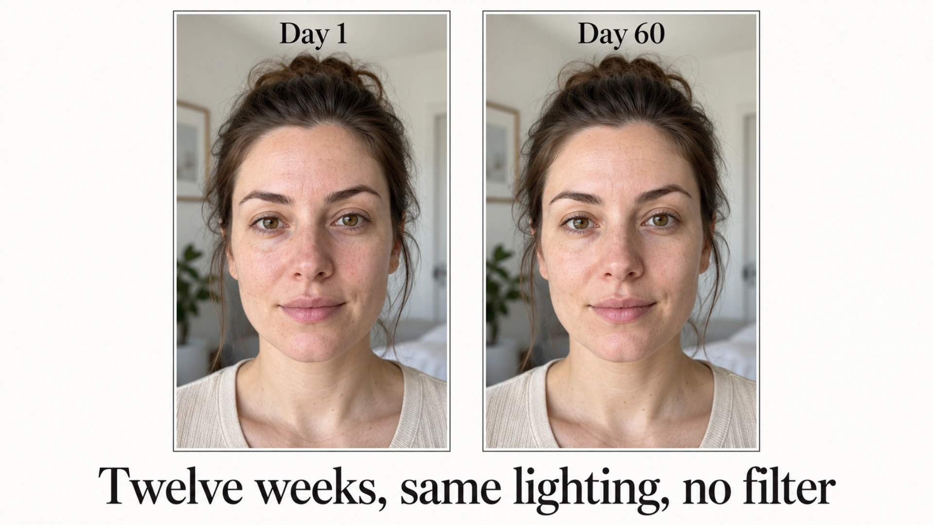 Illustrative before/after mockup with Day 1 and Day 60 portrait frames, matching window light, and the supplied hook caption.