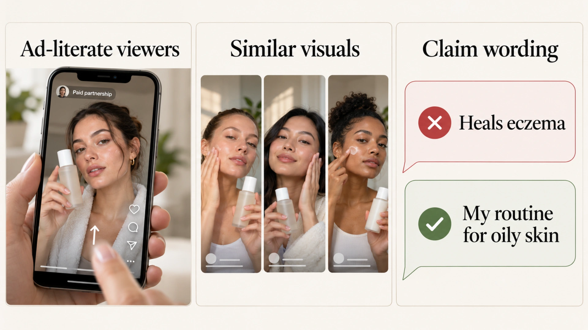 Three skincare-hook challenges: ad-literate viewers, similar-looking beauty clips, and the difference between a medical promise and a personal-routine opening.