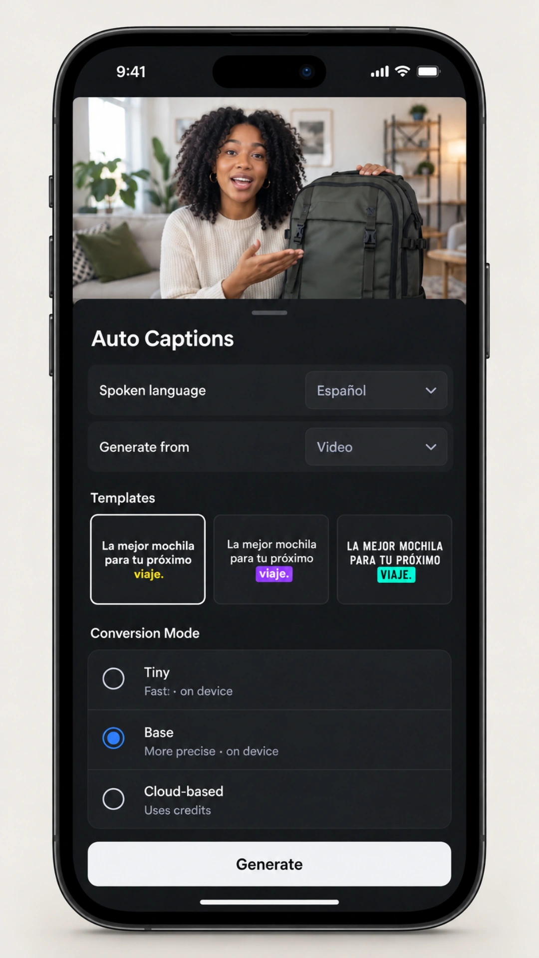 Maqueta de Auto Captions en VN con Español, Video y los modos Tiny, Base y Cloud-based