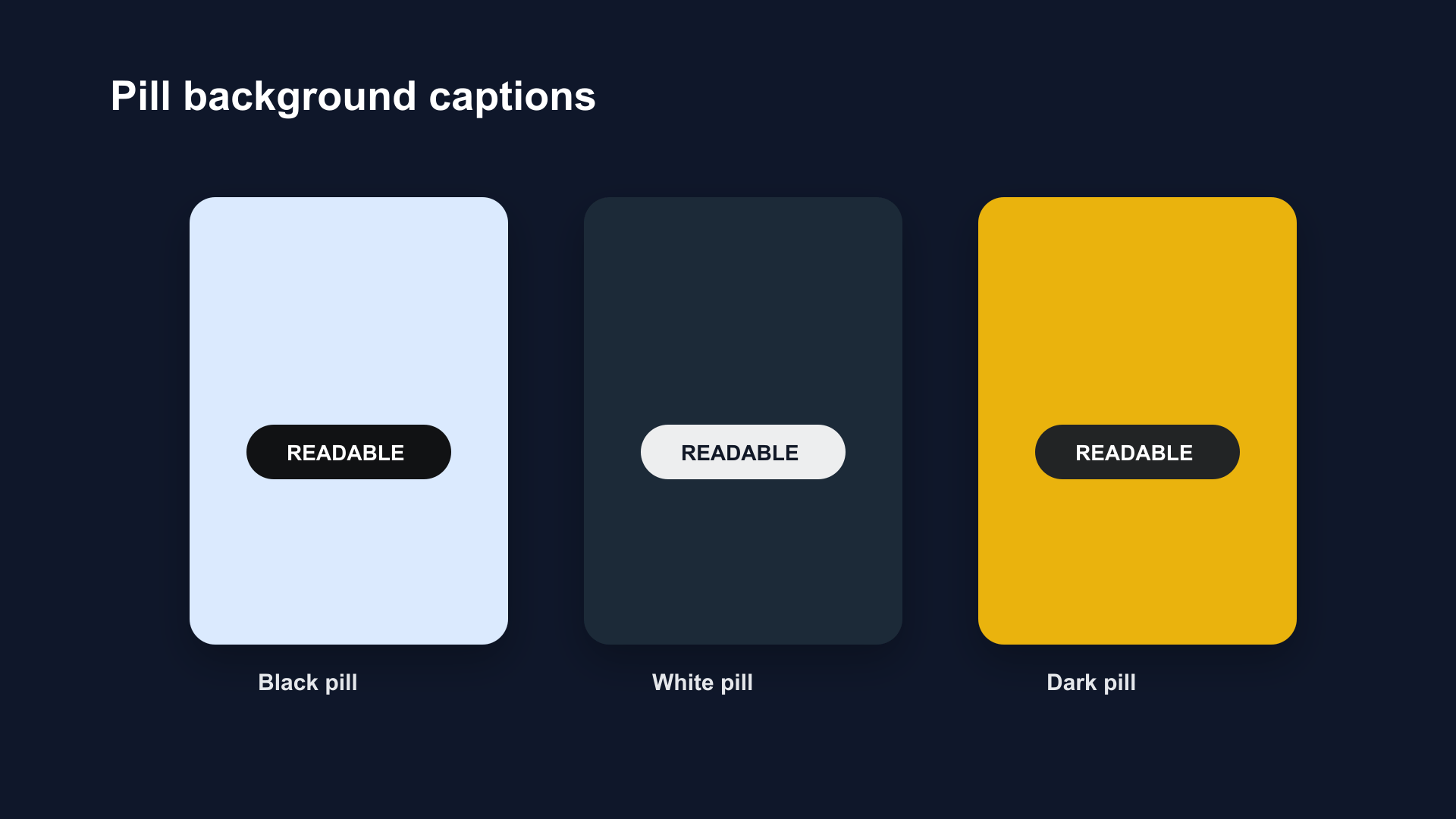 TikTok captions with pill backgrounds: black pill on light footage, white pill on dark footage, yellow pill — showing the contrast advantage over text-only captions