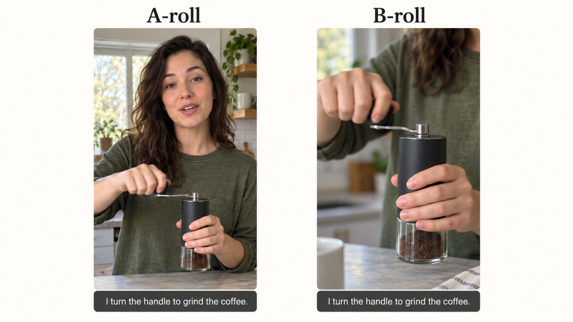 Illustrative A-roll and B-roll frames: a creator demonstrates a coffee grinder, then a close-up shows their hands using it, with identical captions under both.