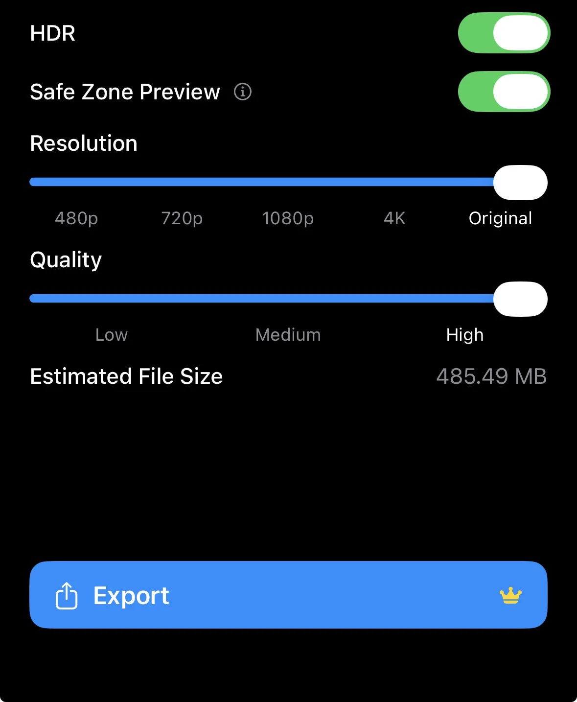 Actual BlitzCut export screen showing resolution and quality sliders, estimated file size, and the Export button