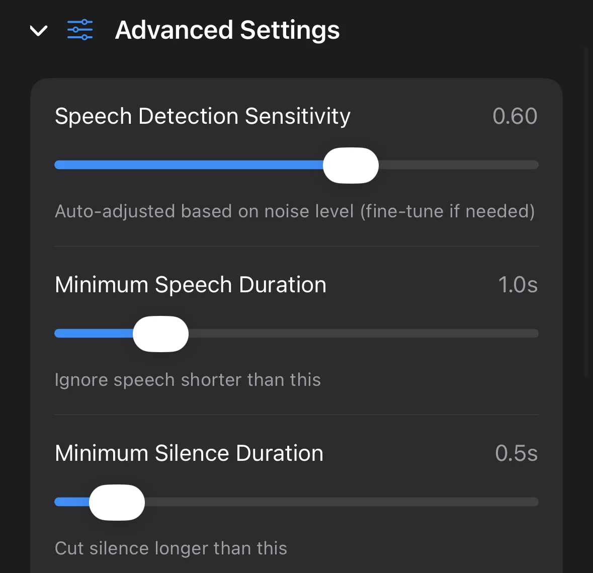 BlitzCut silence-removal settings: speech detection sensitivity, minimum speech duration, and minimum silence duration