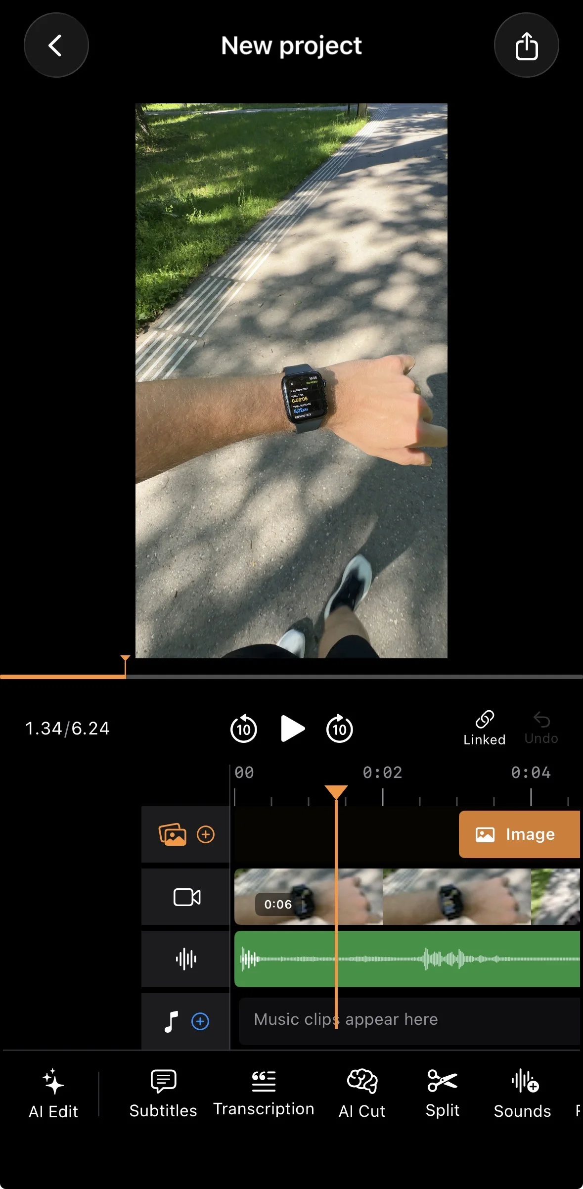 BlitzCut timeline on iPhone: a POV running-watch clip on the main video track, an image overlay on the track above, and separate audio and music tracks below