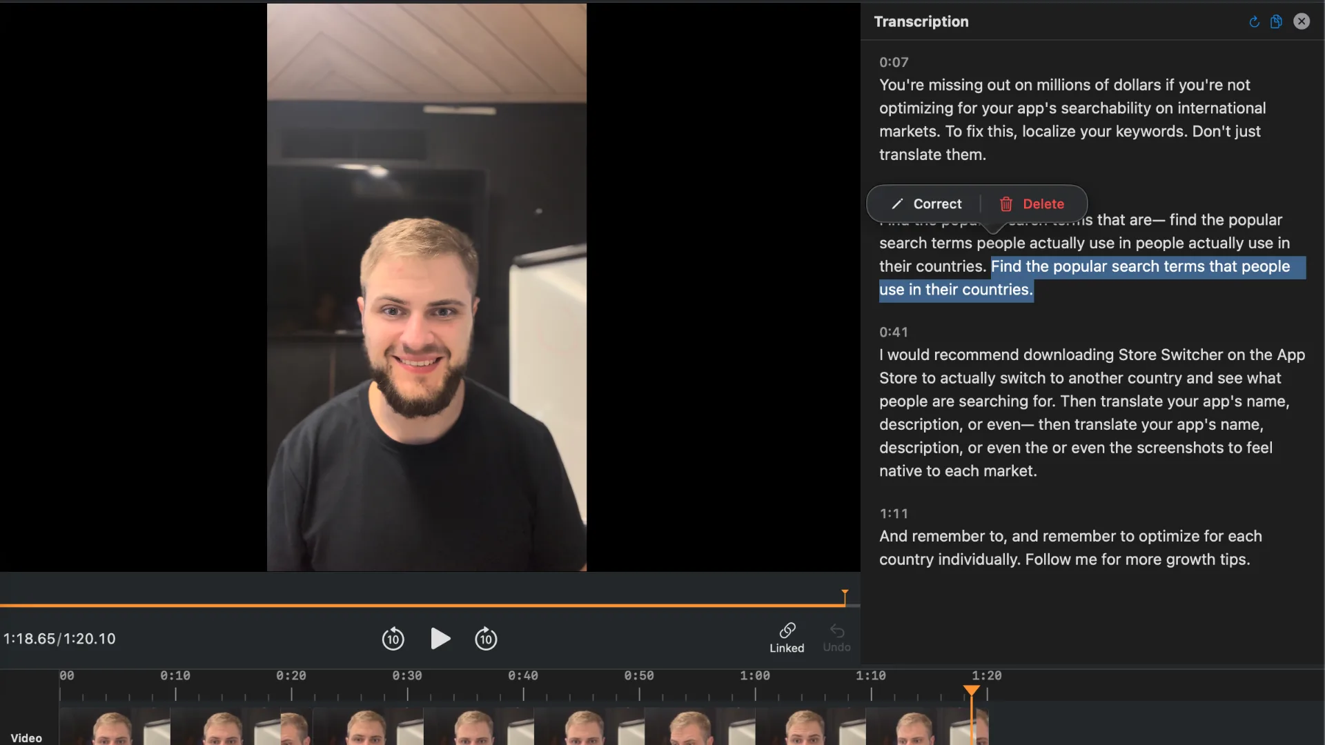 Actual BlitzCut Mac transcript editor with selected words, Correct and Delete controls, a talking-head preview, and a timeline